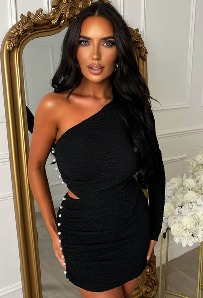 Elegant Always Black Pearl Detail One Shoulder Skirt Co-Ord Set