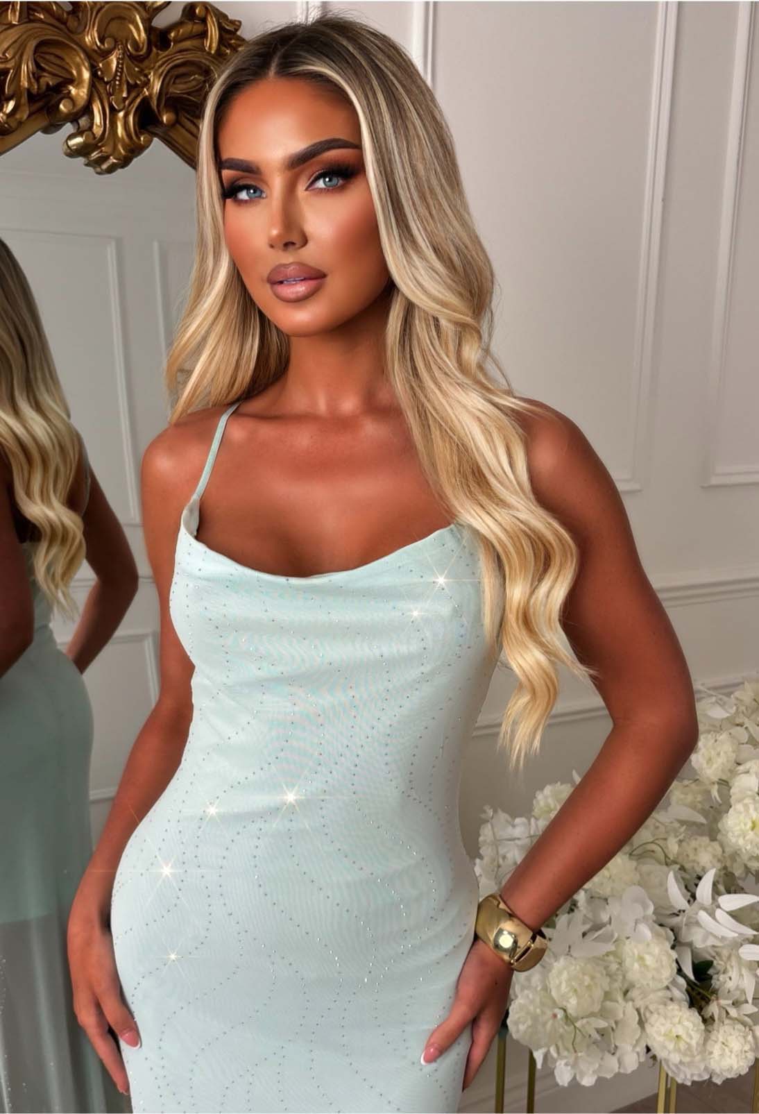 Evening Reverie Aqua Hot Fix Mesh Cowl Maxi Dress