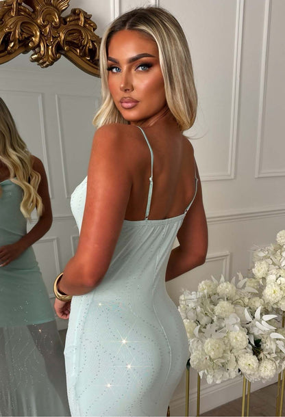 Evening Reverie Aqua Hot Fix Mesh Cowl Maxi Dress