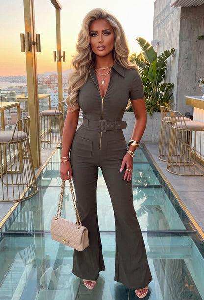 Fatale Babe Khaki Zip Front Short Sleeve Jumpsuit