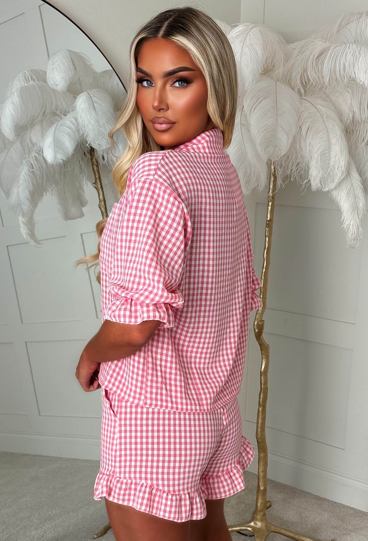 Fever Dream Red Gingham Printed Frill Shirt & Shorts Co-Ord Set