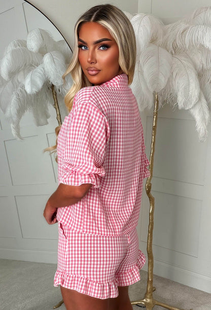 Fever Dream Red Gingham Printed Frill Shirt & Shorts Co-Ord Set