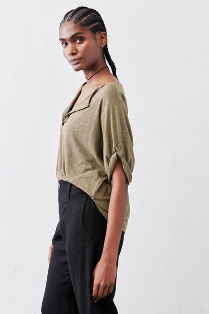 Half Button Elbow Sleeve Top