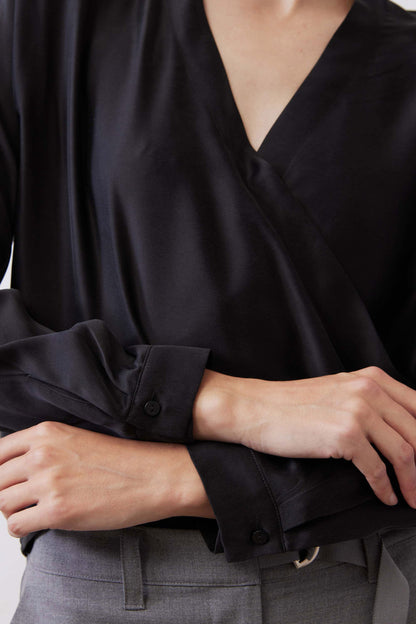 Long Sleeve Wrap Washable Silk Blouse