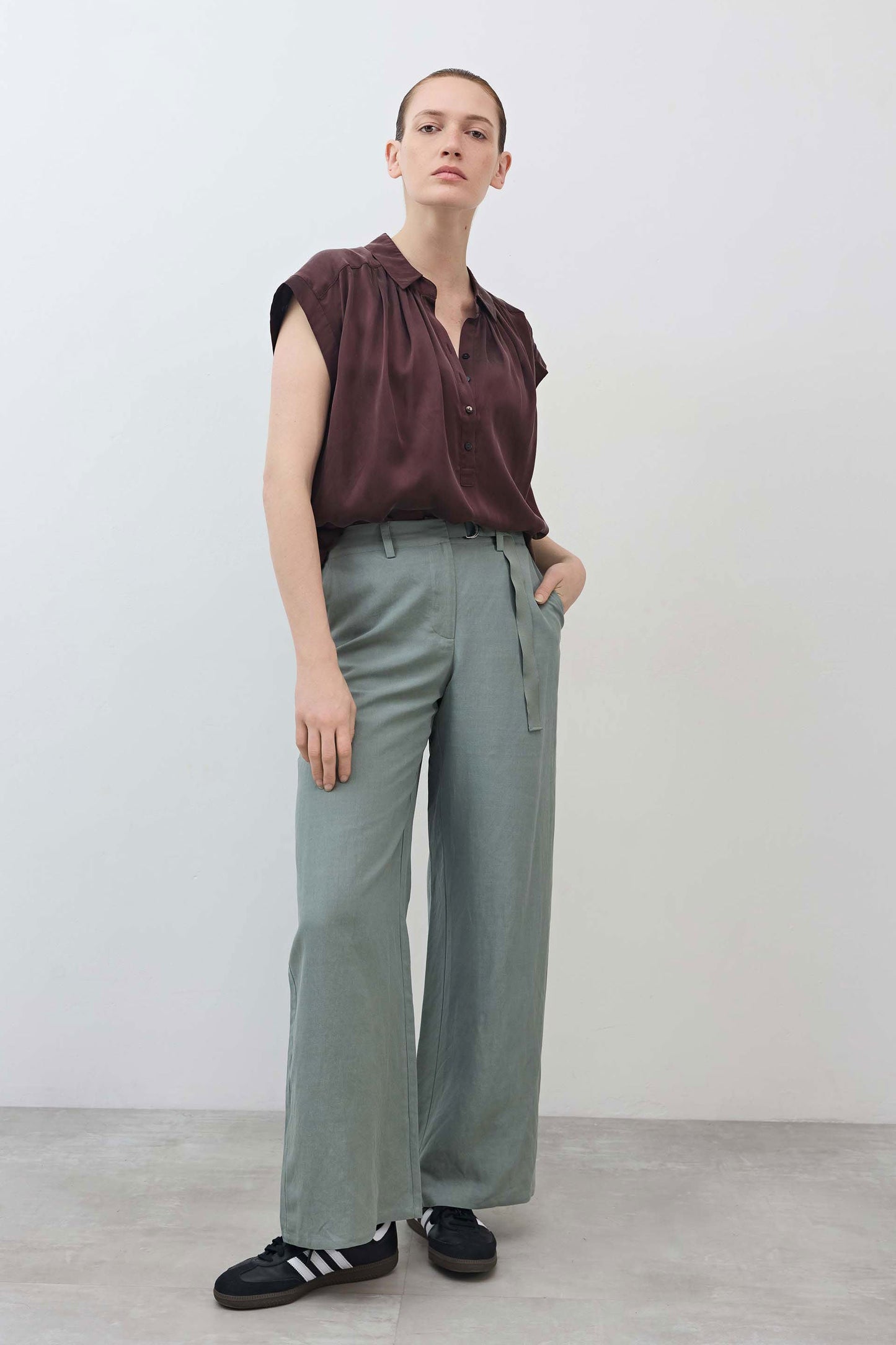 The Belted Wide Leg Silk Linen Trousers